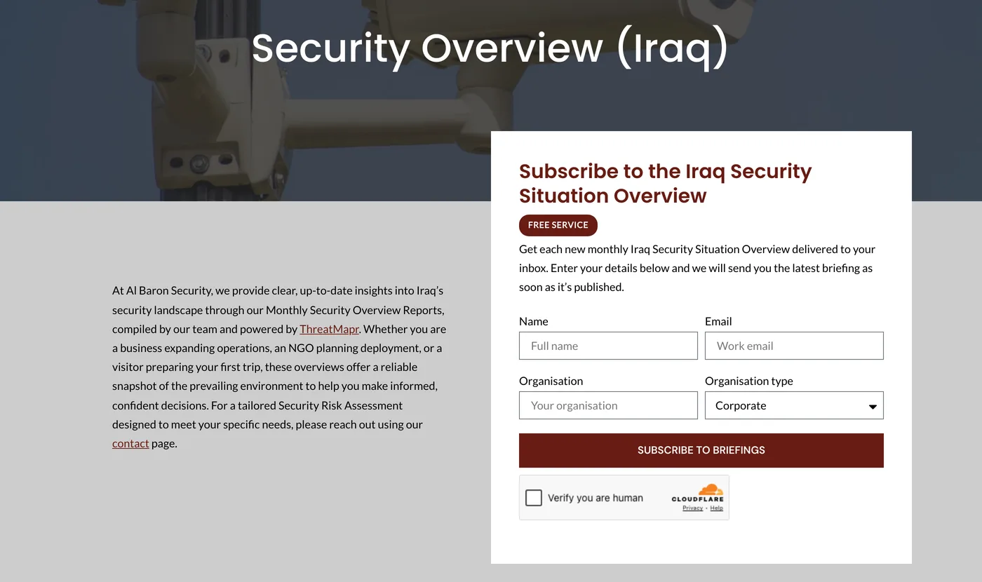The Security Overview (Iraq) page, with a form to subscribe to the free monthly Iraq Security Situation Overview by name, email, organisation and organisation type