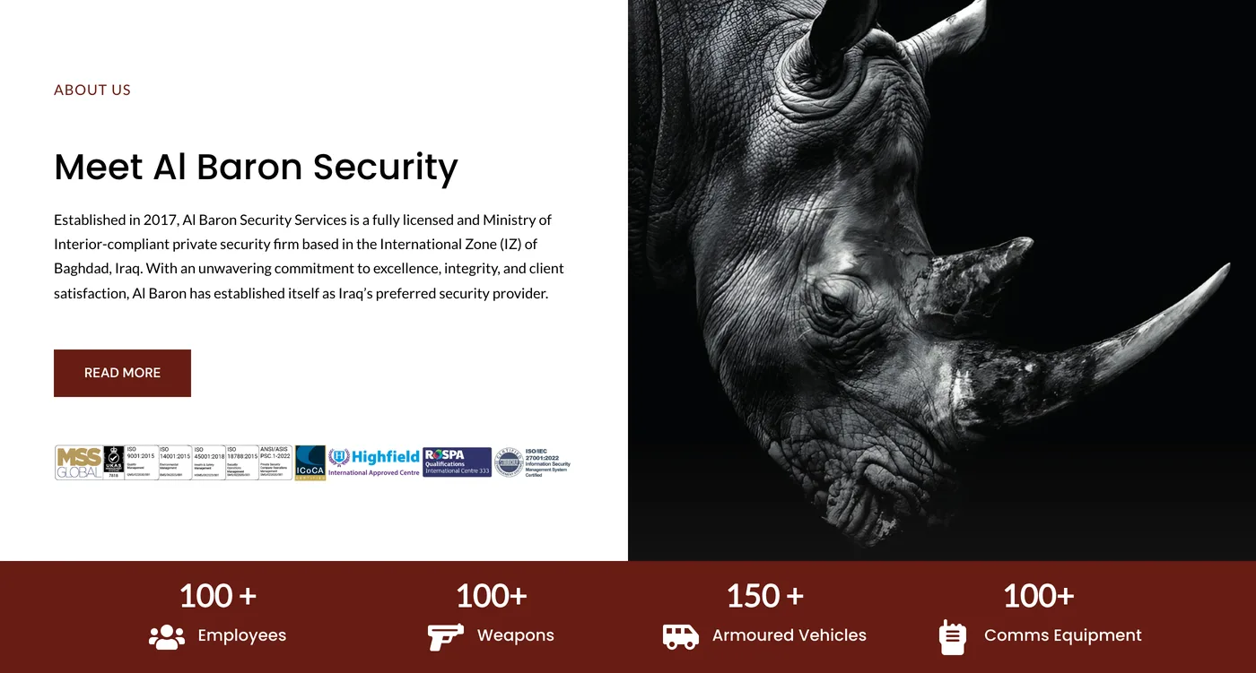 The About us section of Al Baron&rsquo;s website, with accreditation logos beside a black and white rhino photograph, above a strip counting employees, weapons, armoured vehicles and comms equipment