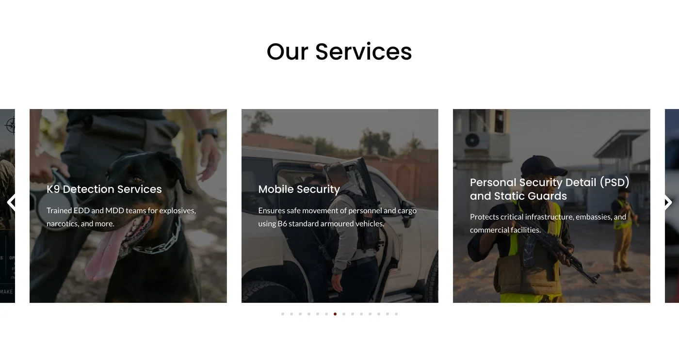 The Our Services carousel on Al Baron&rsquo;s home page, showing K9 Detection Services, Mobile Security, and Personal Security Detail (PSD) and Static Guards
