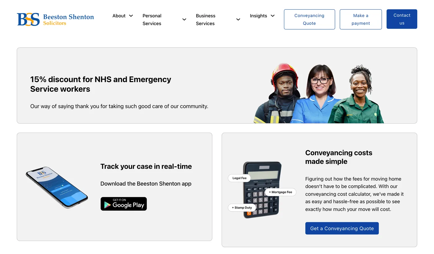 Beeston Shenton&rsquo;s home page offering a 15% discount for NHS and emergency service workers, a case tracking app and a conveyancing cost calculator