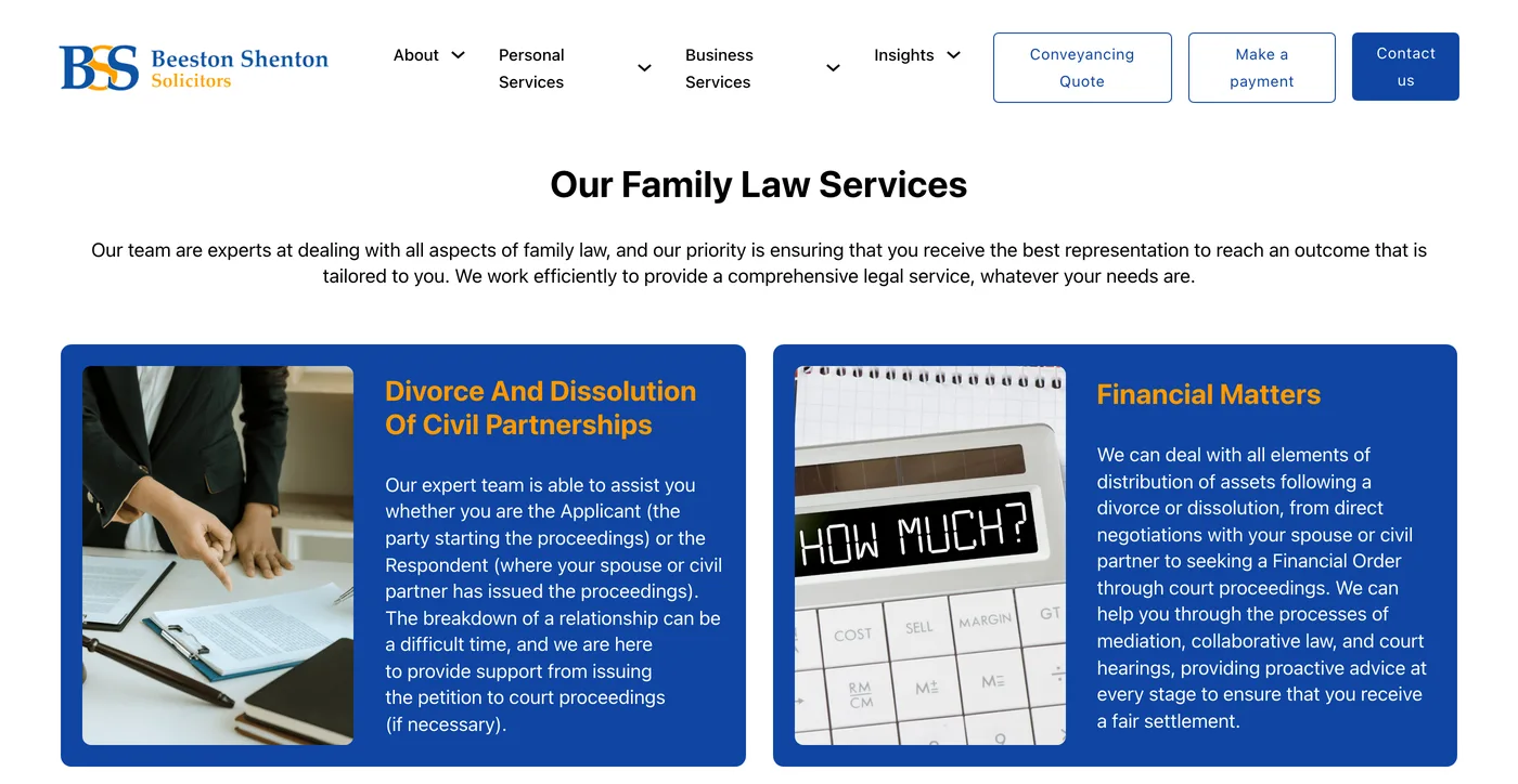 The Family Law page on the Beeston Shenton site, with service cards for divorce and dissolution of civil partnerships and for financial matters