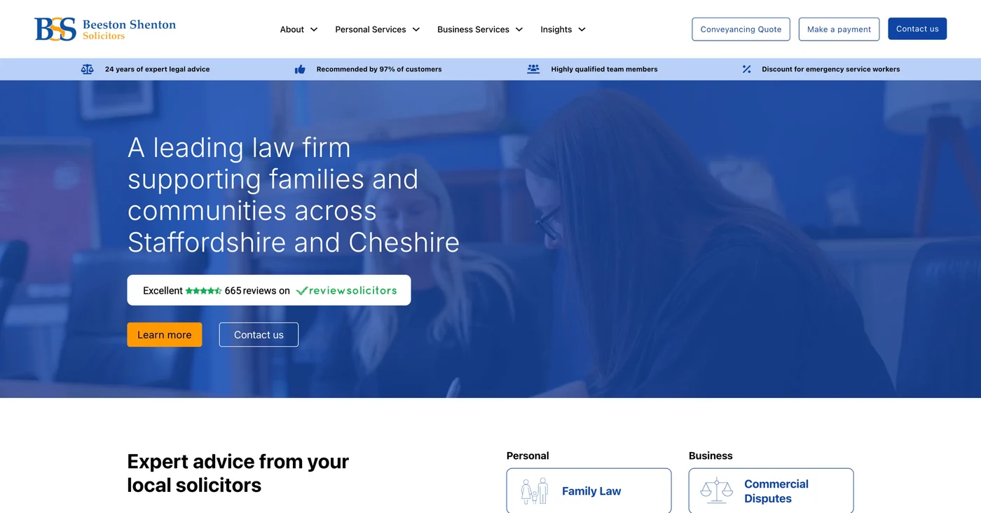The Beeston Shenton Solicitors home page, introducing the firm as a leading law firm across Staffordshire and Cheshire