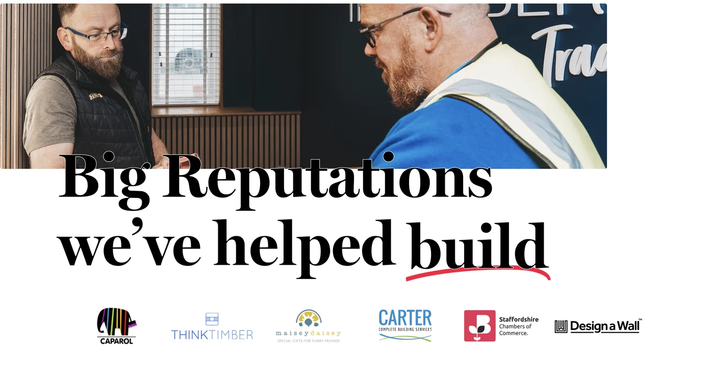 Client logos on the Big Reputation site, including Caparol, Think Timber and Carter