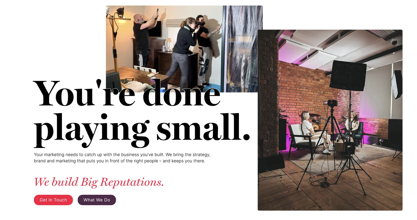 The Big Reputation home page, with photos from a film shoot beside the headline