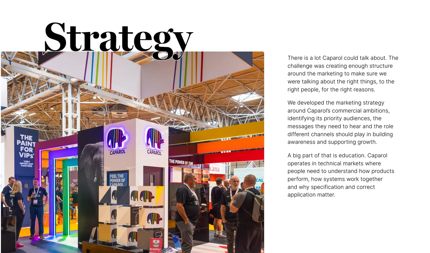 A Caparol UK case study page on the Big Reputation site, with a large Strategy heading over a photo of Caparol’s exhibition stand beside the write-up