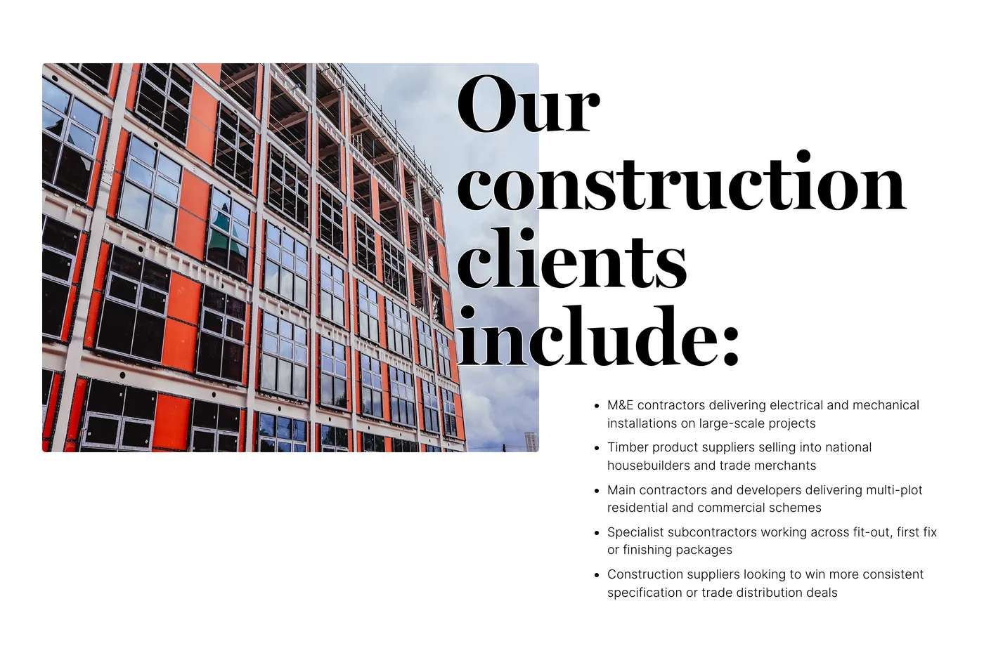 The construction sector page on the Big Reputation site, with a photo of a building under construction beside a list of the construction clients the agency works with