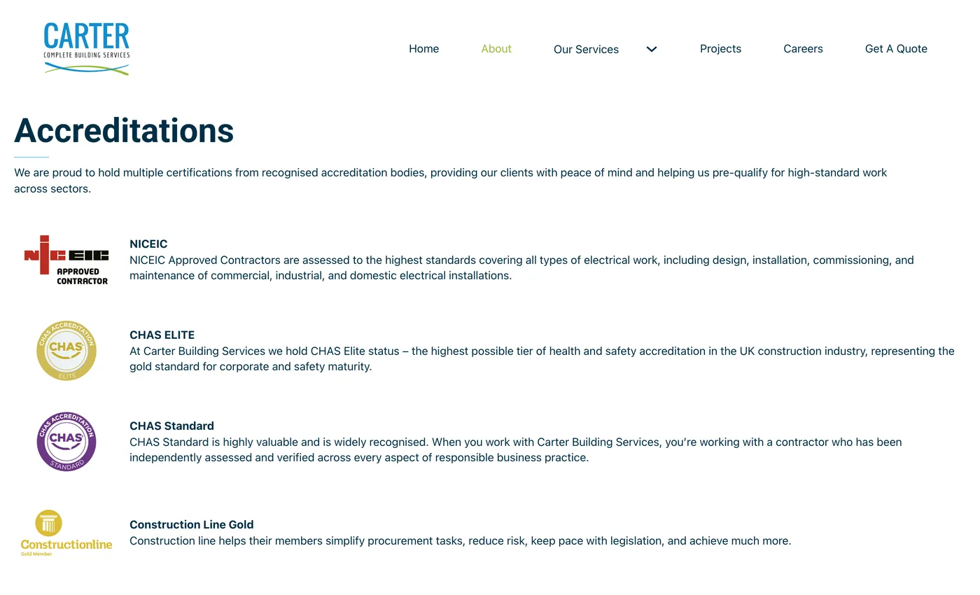 Carter&rsquo;s accreditations on its About page: NICEIC, CHAS Elite, CHAS Standard and Constructionline Gold