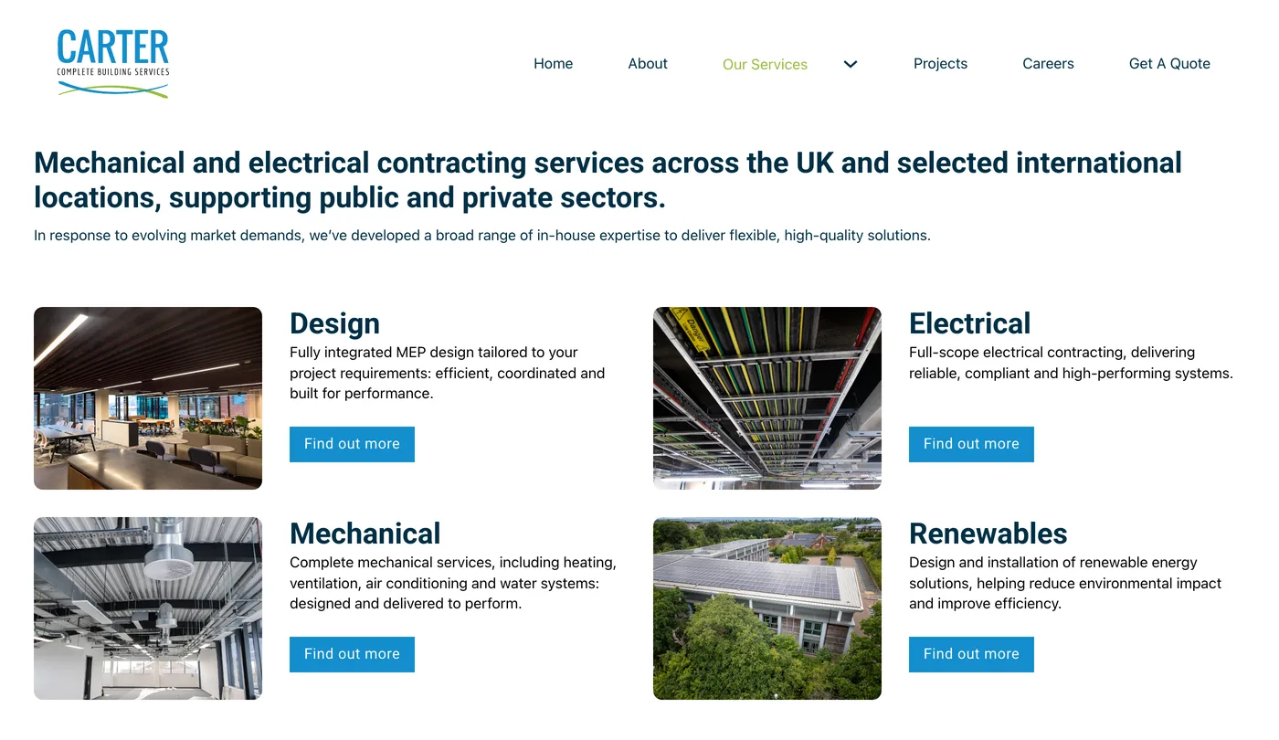 The Carter services page, with design, electrical, mechanical and renewables each shown with a photo of the work