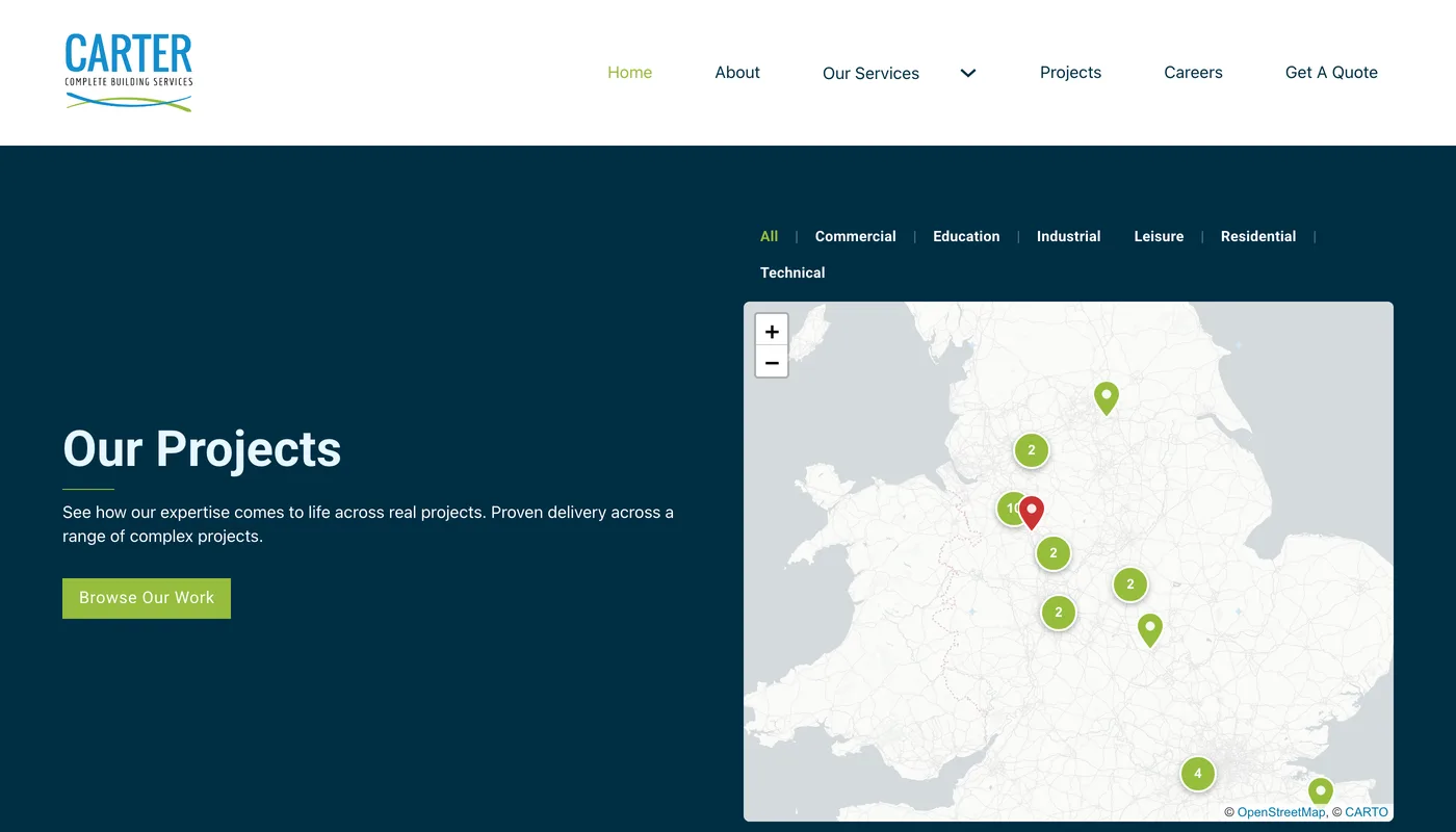 The Our Projects section of the Carter home page, with projects filtered by sector and pinned on a map of the UK