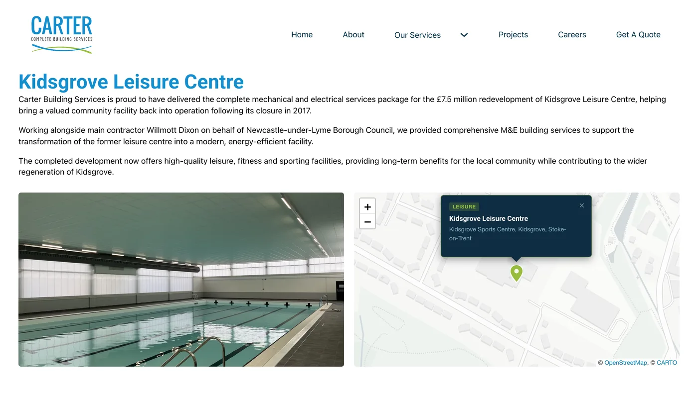 A Carter project page for Kidsgrove Leisure Centre, with the project write-up, a photo of the new pool and its location on a map
