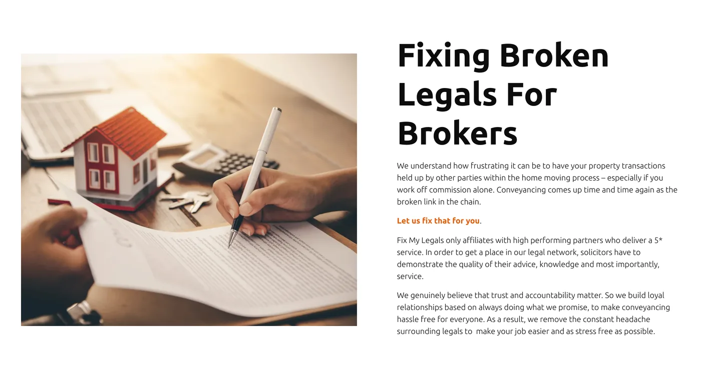 The page for mortgage brokers, Fixing Broken Legals For Brokers, with a photo of a contract being signed beside a model house