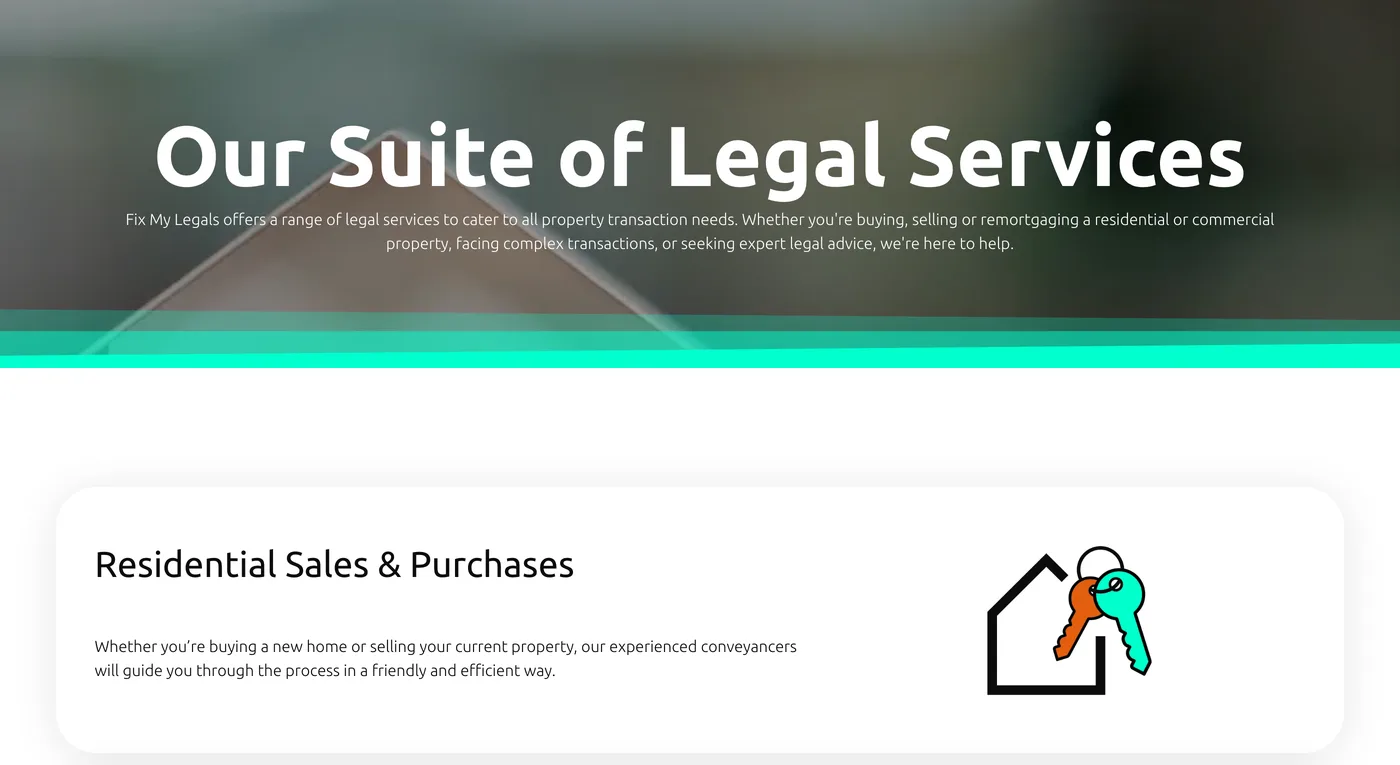 The Our Suite of Legal Services page, opening with its residential sales and purchases service card