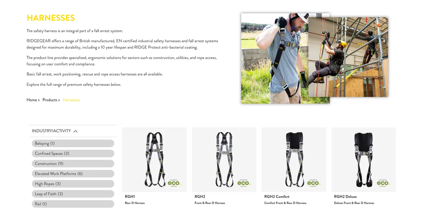 The harnesses category on the RidgeGear site, with an industry and activity filter beside a grid of harnesses