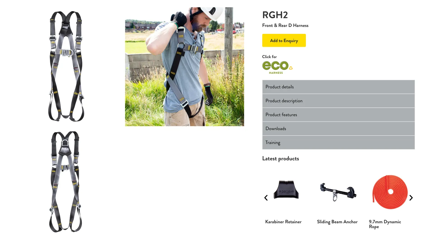 The RGH2 harness product page, with an Add to Enquiry button above tabs for product details, description, features, downloads and training