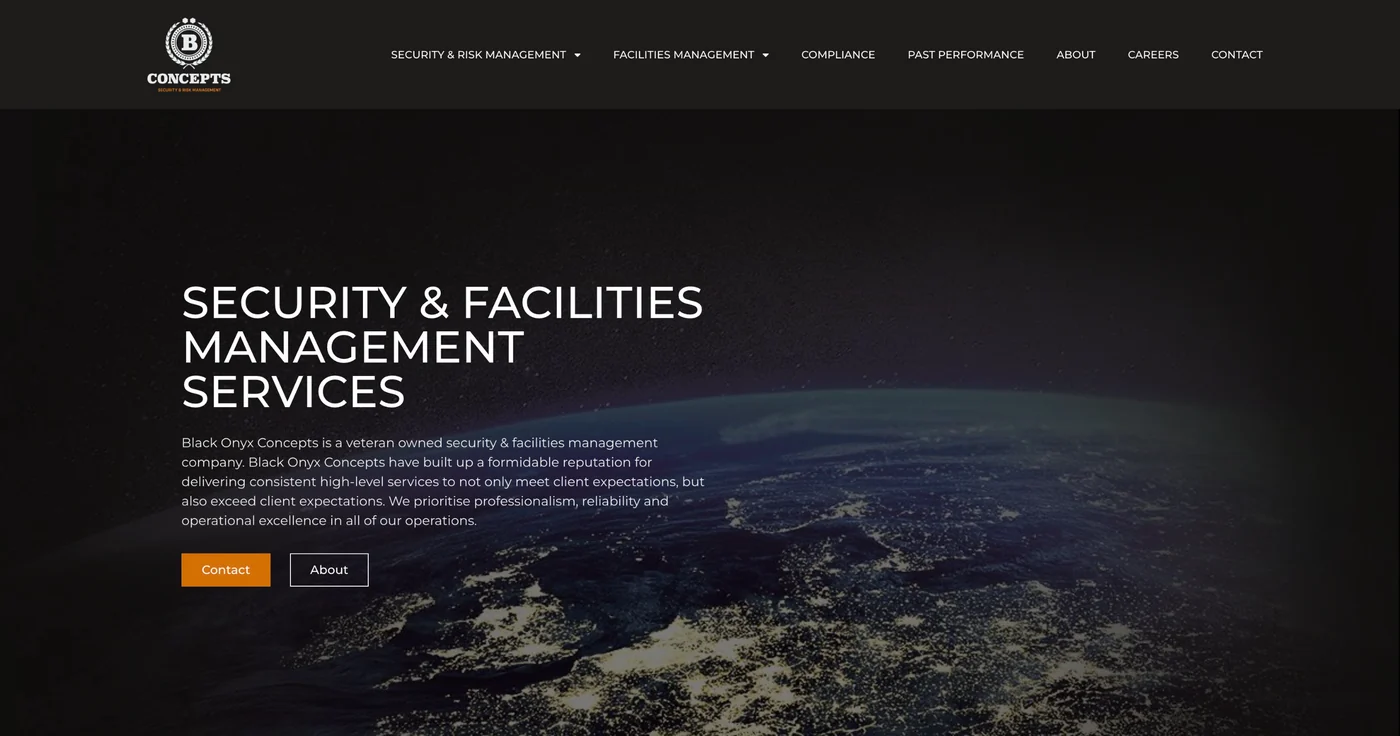 The Black Onyx Concepts home page, for its security and facilities management services