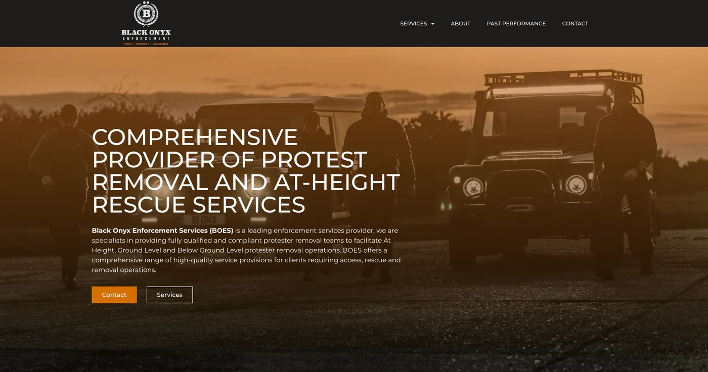 The Black Onyx Enforcement home page, for its protest removal and at-height rescue services