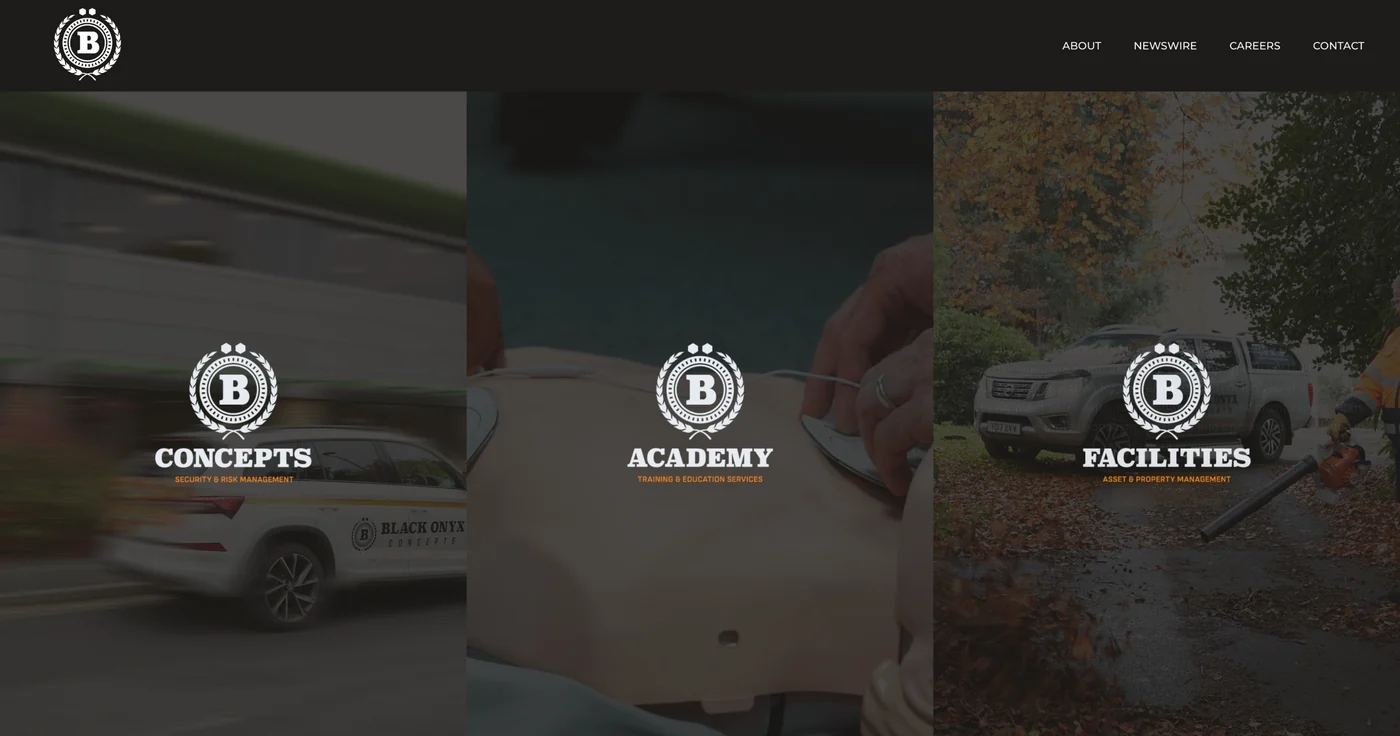 The Black Onyx Group home page, linking to its Concepts, Academy and Facilities businesses