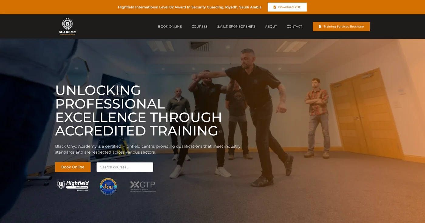 The Black Onyx Academy home page, for its accredited training courses