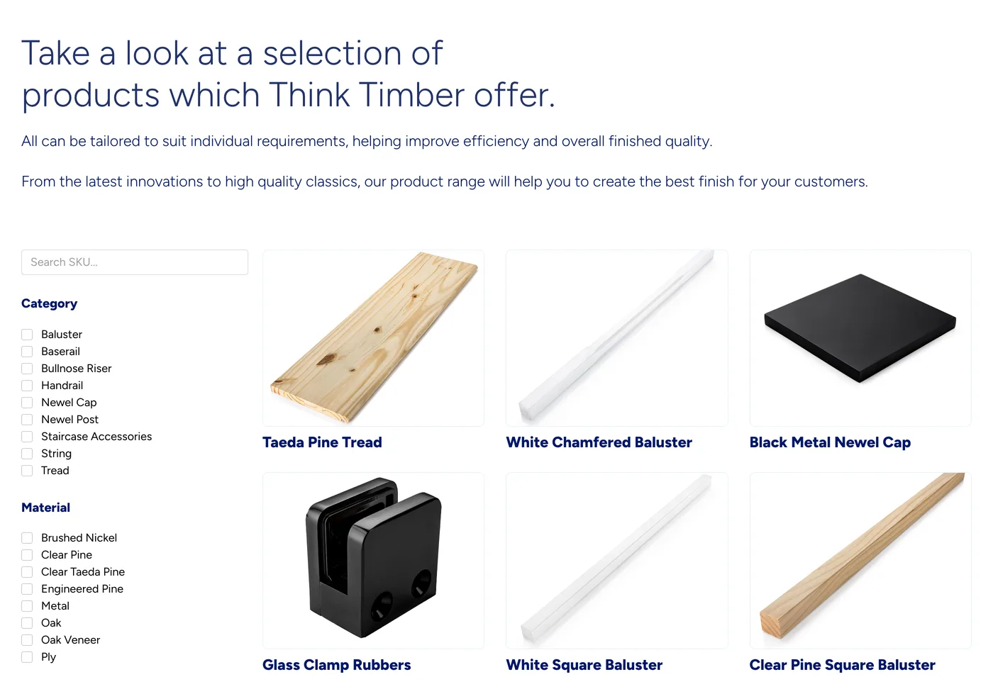 Think Timber&rsquo;s product range, with a SKU search and filters by category and material beside a grid of staircase components such as treads, balusters and newel caps