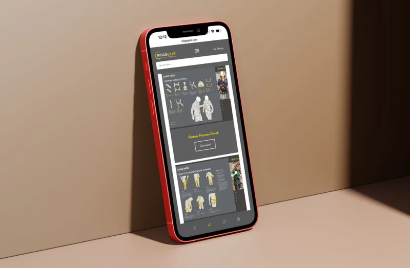 The RidgeGear distributor portal on a phone, showing harness-check guides ready to download